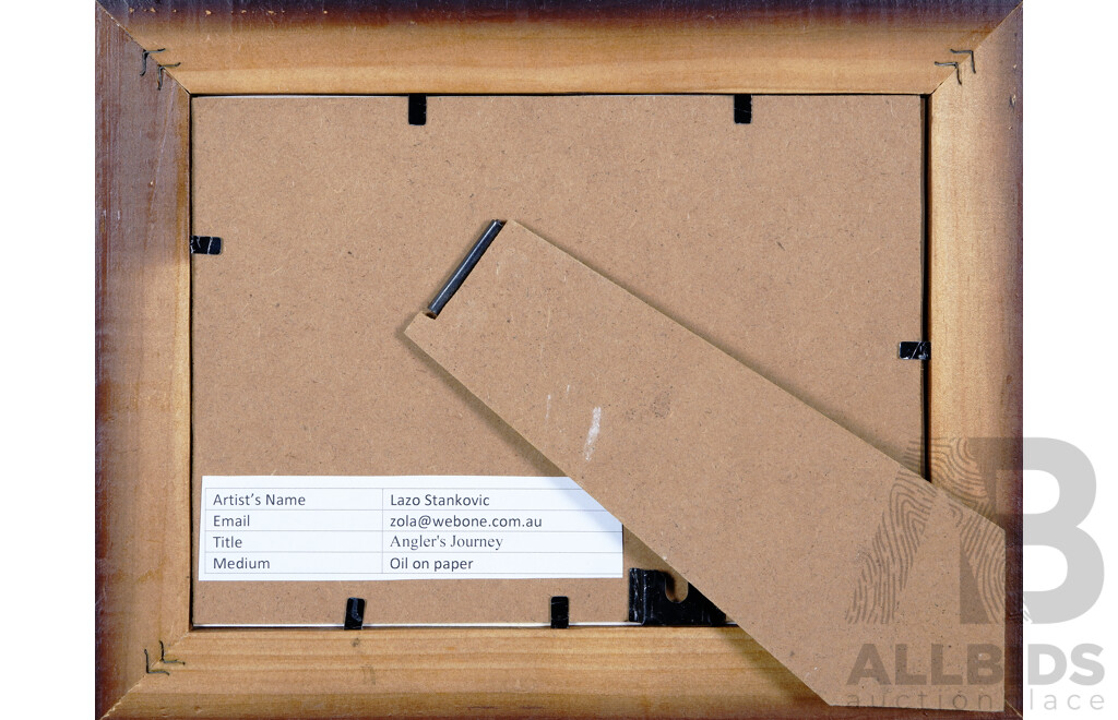 Lazo Stankovic, (20th Century, Australian), Under the Southern Sky, Angler's Journey & Guardian of the Land, Lovely Trio of Framed Oils on Canvas & Paper, 22 x 22 cm (frame largest) (3)