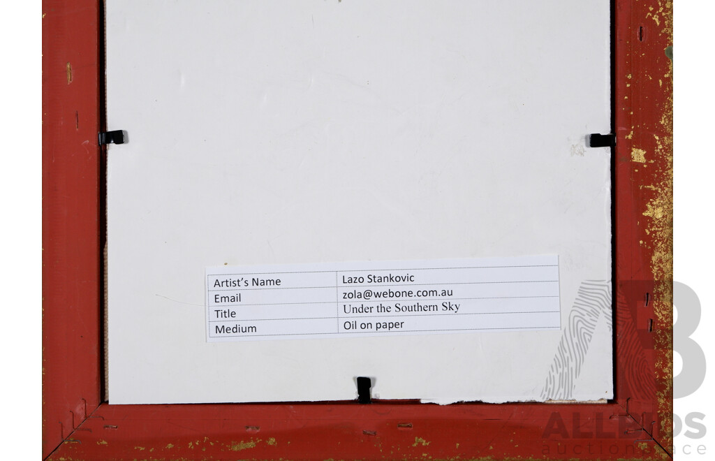 Lazo Stankovic, (20th Century, Australian), Under the Southern Sky, Angler's Journey & Guardian of the Land, Lovely Trio of Framed Oils on Canvas & Paper, 22 x 22 cm (frame largest) (3)