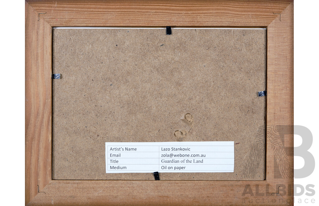 Lazo Stankovic, (20th Century, Australian), Under the Southern Sky, Angler's Journey & Guardian of the Land, Lovely Trio of Framed Oils on Canvas & Paper, 22 x 22 cm (frame largest) (3)