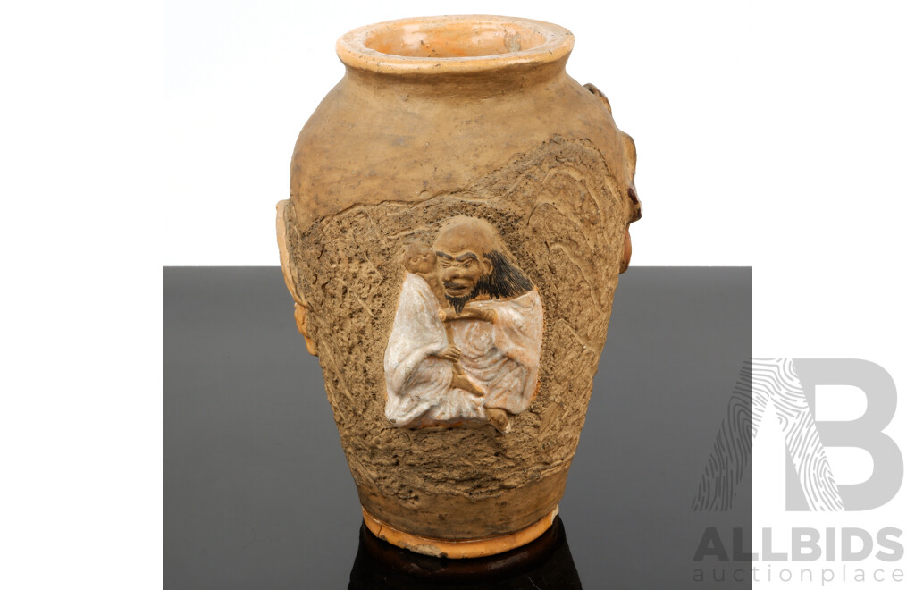 Antique Japanese Sumida Gawa Pottery Vase with Raised Tengu Detail