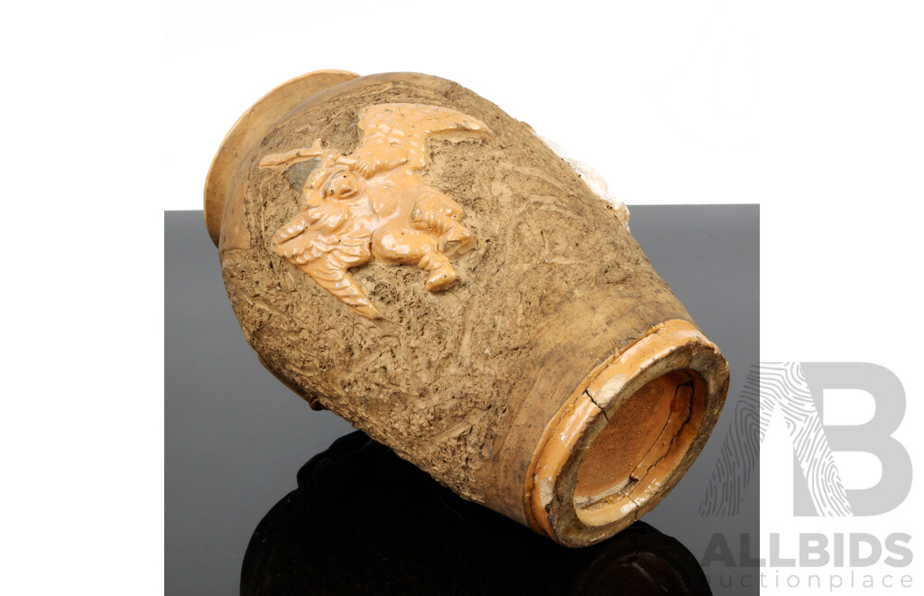 Antique Japanese Sumida Gawa Pottery Vase with Raised Tengu Detail