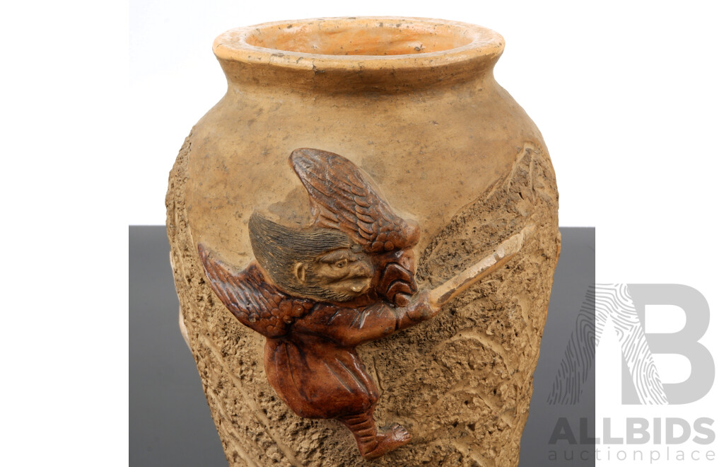 Antique Japanese Sumida Gawa Pottery Vase with Raised Tengu Detail