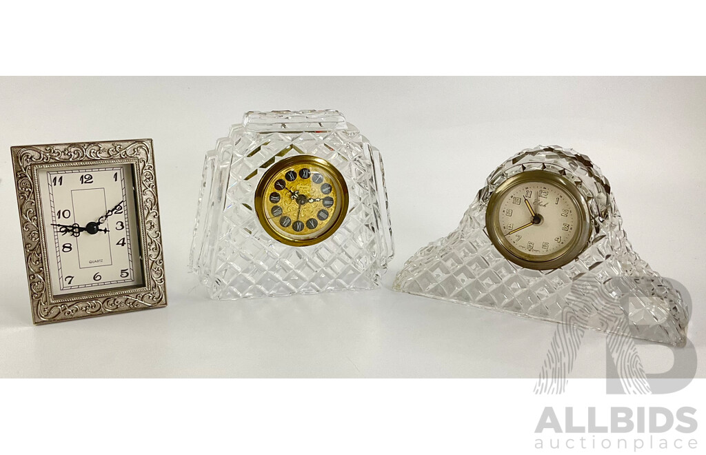 Vintage Ebok and Jerger Glass Alarm Mantel Clocks with Picture Frame Desk Top Clock