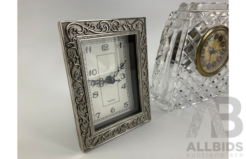 Vintage Ebok and Jerger Glass Alarm Mantel Clocks with Picture Frame Desk Top Clock