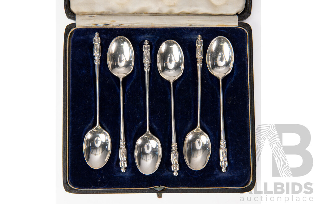 Antique Set Six Sterling Silver Apostle Coffee Spoons in Case, Sheffield 1916, Weight 76gm