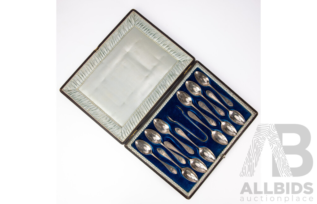 Antique Set 12 Sterling Silver Tea Spoons with Tongs in Case, Sheffield 1923, Weight 335Gm