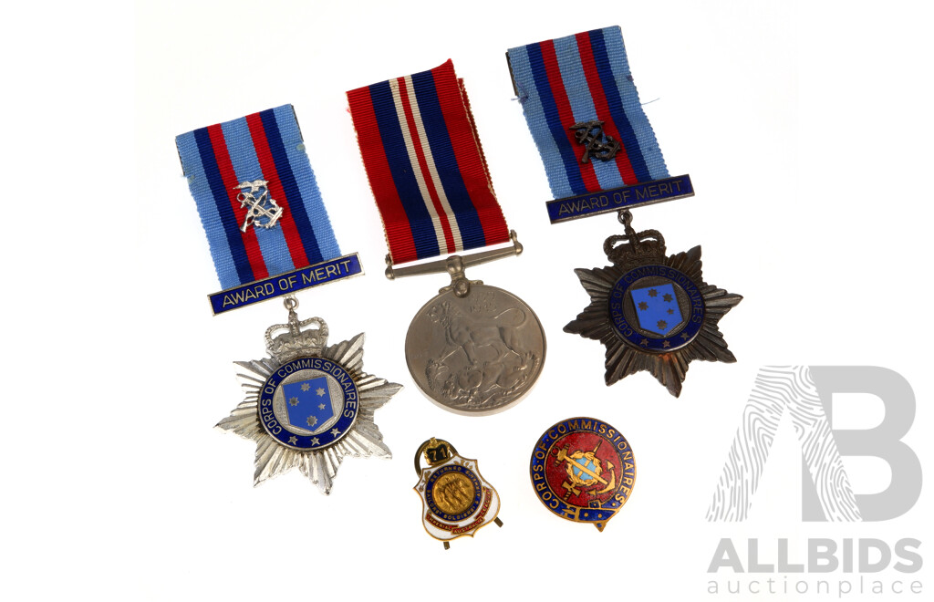 British World War Two Service Medal with Corps of Commissionaires Awards of Merit, A.W.C Sims, 1967 and 1972