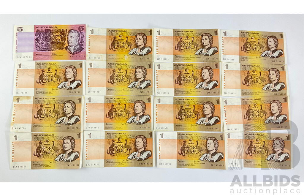 Australian Bankotes Including 1985 Five Dollar Johnston/Fraser R209B PVV 317253, Fifteen 1982 One Dollar Johnston/Stone R78
