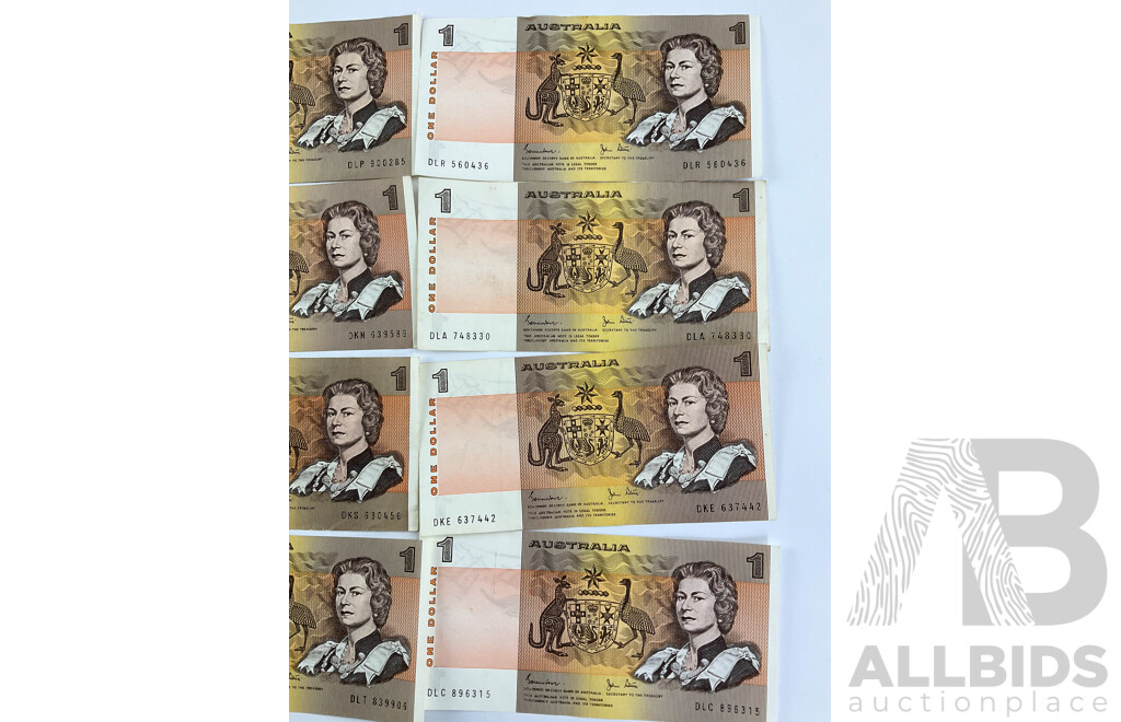 Australian Bankotes Including 1985 Five Dollar Johnston/Fraser R209B PVV 317253, Fifteen 1982 One Dollar Johnston/Stone R78