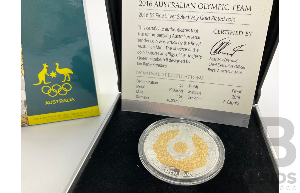 Australian RAM 2016 Silver Proof-Gold Plated Five Dollar Coin, Australian Olympic Coin .999