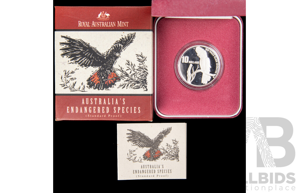 Australian RAM 1997 Silver Proof Ten Dollar Coin, Australia's Endangered Species, South Eastern Red Tailed Black Cockatoo .925