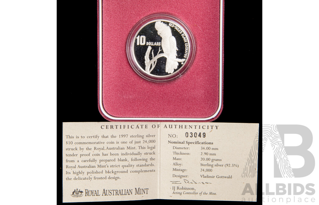 Australian RAM 1997 Silver Proof Ten Dollar Coin, Australia's Endangered Species, South Eastern Red Tailed Black Cockatoo .925