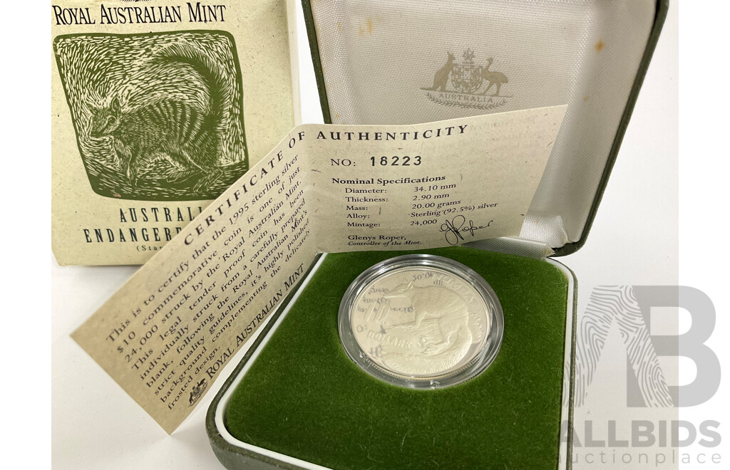 Australian RAM 1995 Silver Proof Ten Dollar Coin, Australia's Endangered Species, The Numbat .925