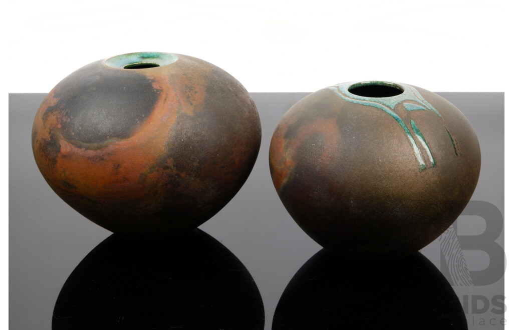 Two Pieces Vintage Australian Studio Raku Glazed Pottery by Neil Boughton
