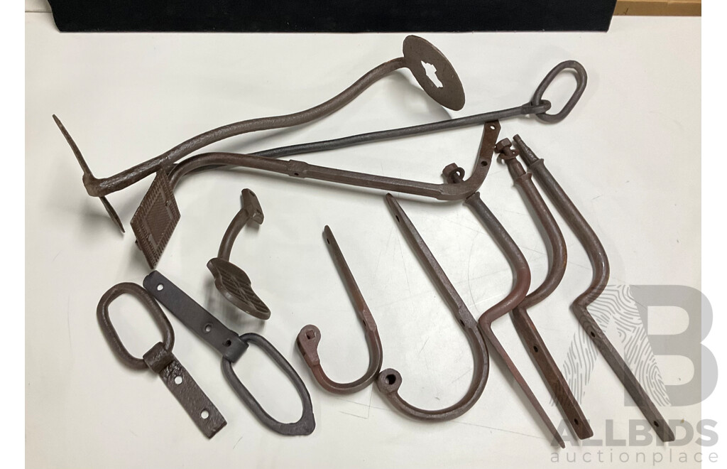 Collection of Antique Forged Iron Buggy Steps and Leaf Spring Mounts