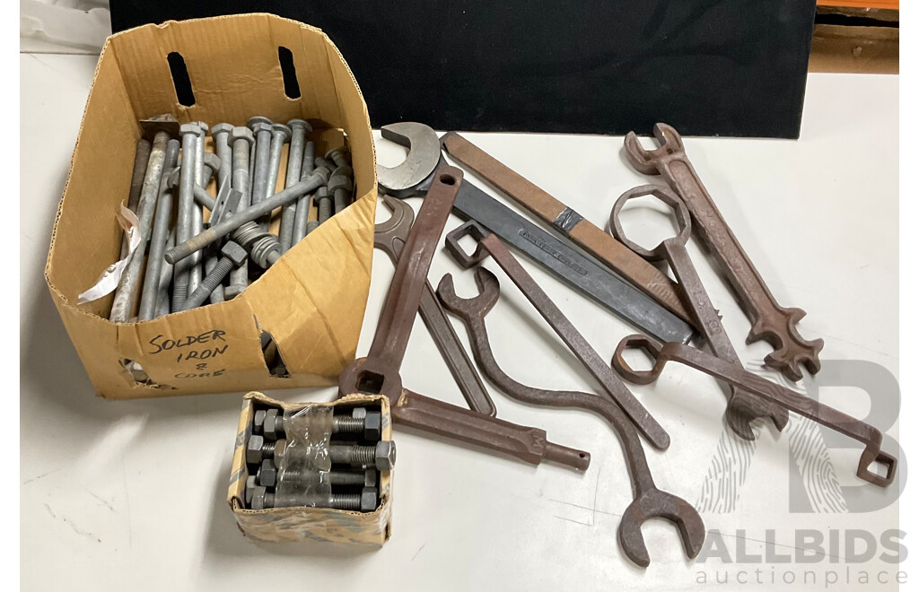 Collection of Antique and Vintage Tools Including Axel Spanner, Large Snail Brand Whitworth Spanner, Powerline and High Tensile Bolts