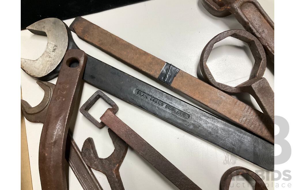 Collection of Antique and Vintage Tools Including Axel Spanner, Large Snail Brand Whitworth Spanner, Powerline and High Tensile Bolts