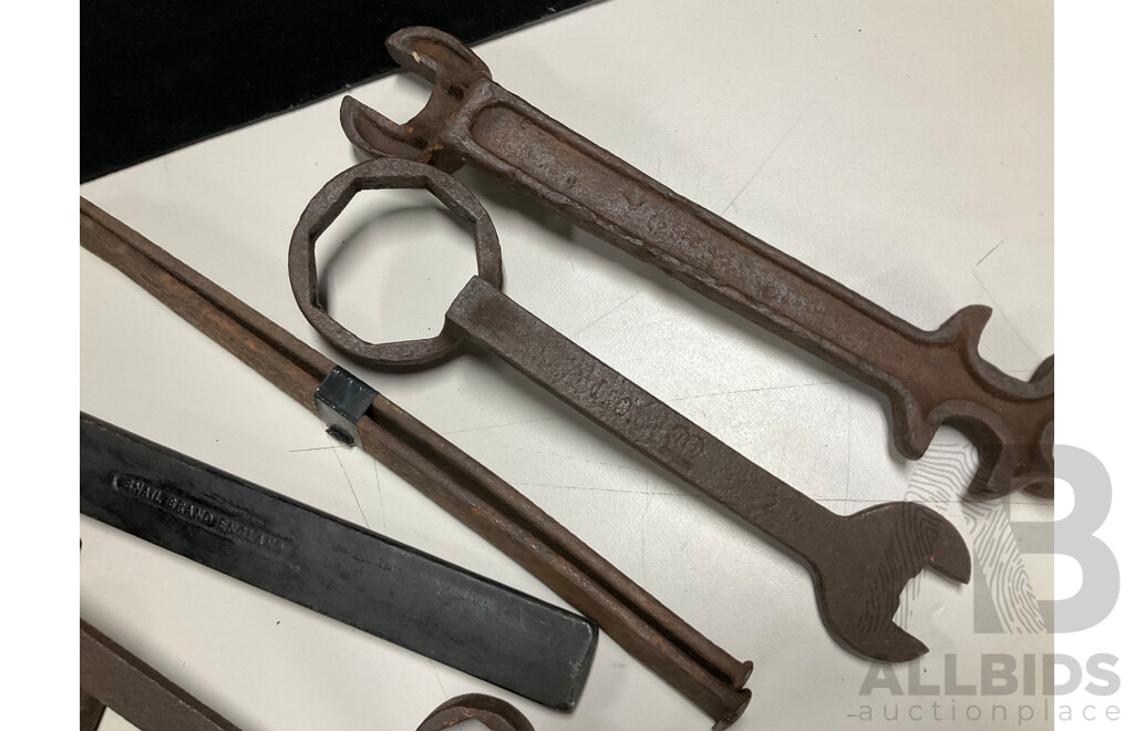 Collection of Antique and Vintage Tools Including Axel Spanner, Large Snail Brand Whitworth Spanner, Powerline and High Tensile Bolts