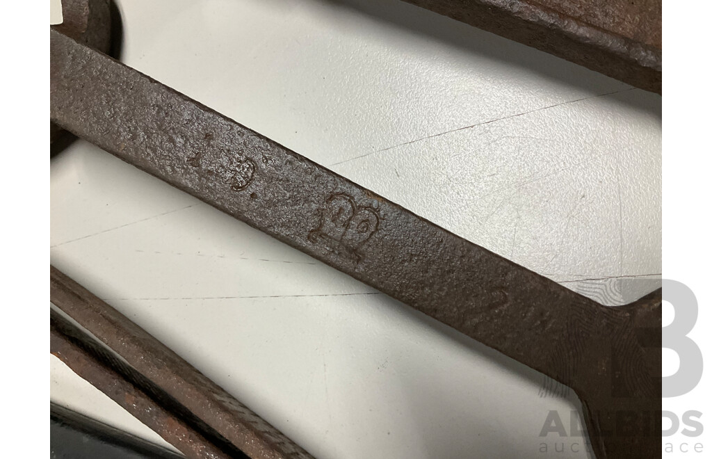 Collection of Antique and Vintage Tools Including Axel Spanner, Large Snail Brand Whitworth Spanner, Powerline and High Tensile Bolts