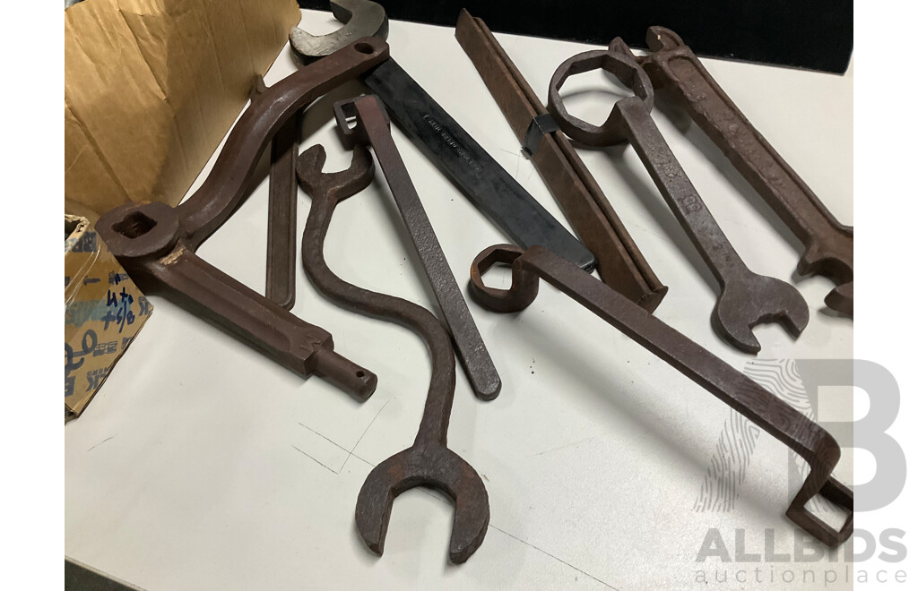 Collection of Antique and Vintage Tools Including Axel Spanner, Large Snail Brand Whitworth Spanner, Powerline and High Tensile Bolts