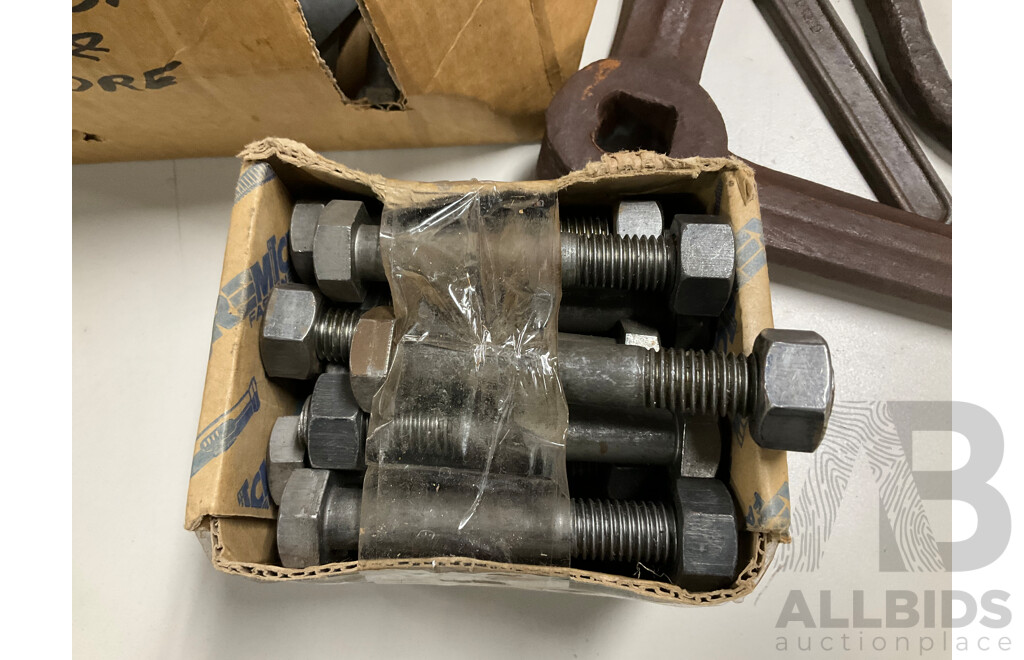 Collection of Antique and Vintage Tools Including Axel Spanner, Large Snail Brand Whitworth Spanner, Powerline and High Tensile Bolts