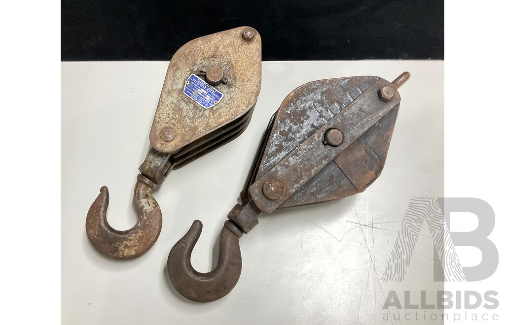 Two Iron Pulley Hooks Including Richard Russell & Sons