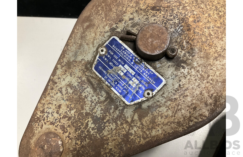 Two Iron Pulley Hooks Including Richard Russell & Sons