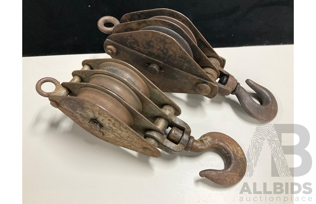 Two Iron Pulley Hooks Including Richard Russell & Sons