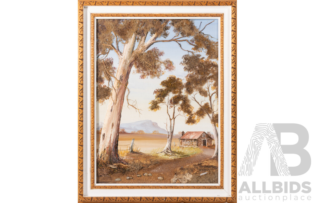 Alison Willis, (20th Century, Australian), Cottage by Large Gum Tree, Unique Vintage Mixed Media Australian Ti-Tree Bark, Seaweed & Lichen, 62 x 49 cm (frame)