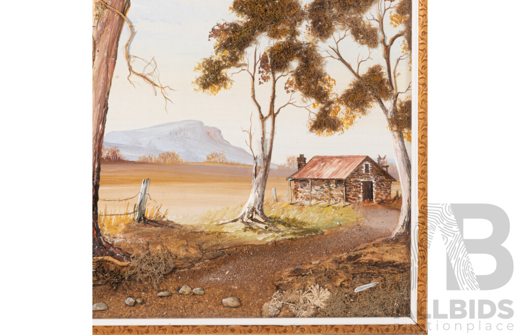 Alison Willis, (20th Century, Australian), Cottage by Large Gum Tree, Unique Vintage Mixed Media Australian Ti-Tree Bark, Seaweed & Lichen, 62 x 49 cm (frame)