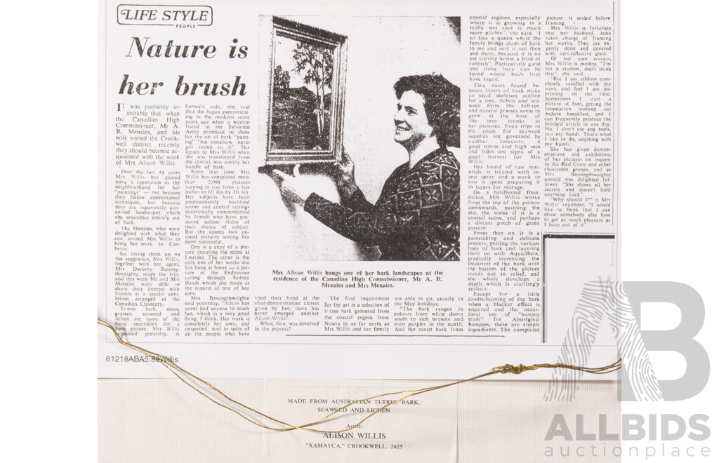 Alison Willis, (20th Century, Australian), Cottage by Large Gum Tree, Unique Vintage Mixed Media Australian Ti-Tree Bark, Seaweed & Lichen, 62 x 49 cm (frame)