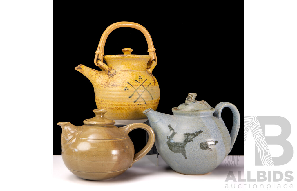 Collection Three Australian Studio Pottery Lidded Teapots Comprising Canberra Carmel Arena & Liz Forster Along with Unidentified Example