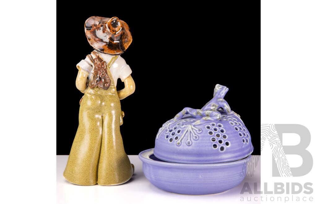 Two Pieces Local Canberra Australian Studio Pottery by Leonie Lucey Comprising Lidded Pot Pourri & Happy Man Figure