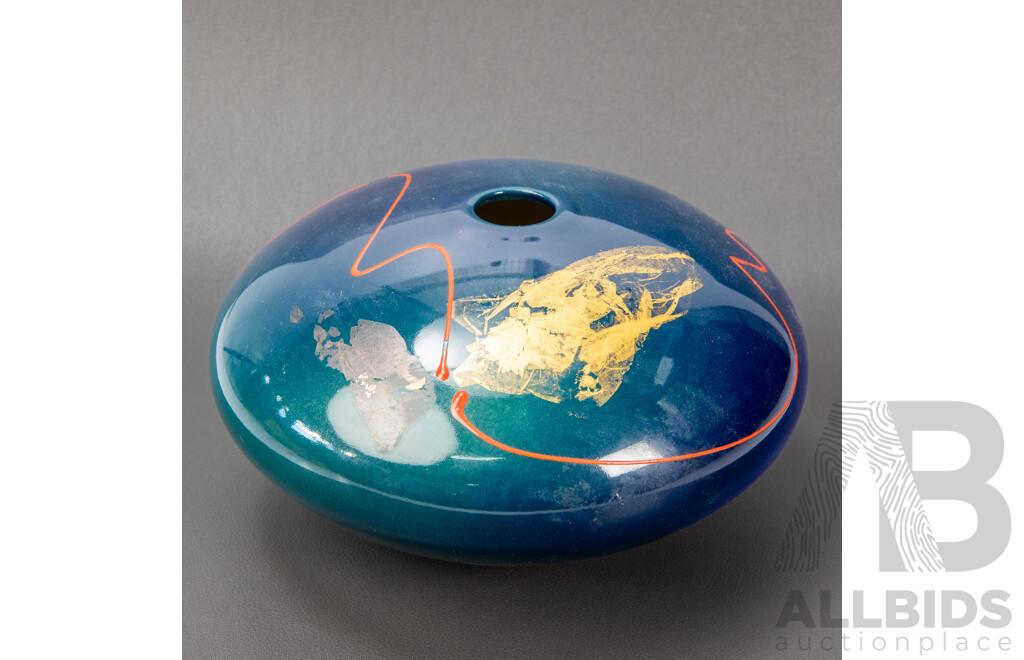 NZ Studio Pottery Vase Tenmoku with Gold Leaf by Peter & Julie Collis