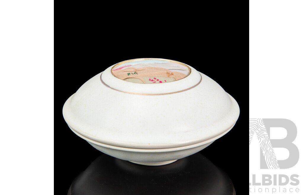 Australian Studio Porcelain Lidded Pot with Material and Stitching Inset by Marjo Jones of ACT