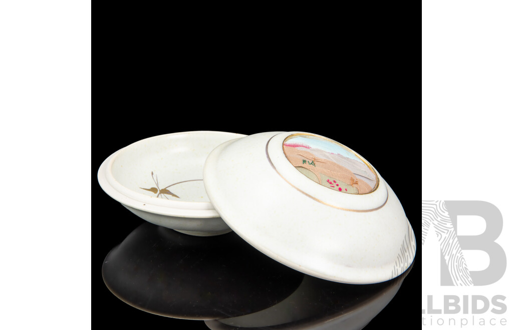 Australian Studio Porcelain Lidded Pot with Material and Stitching Inset by Marjo Jones of ACT