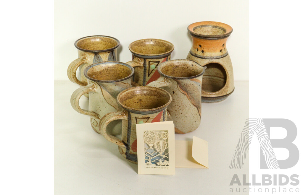Australian Studio Pottery Set Including Four Mugs, a Jug & an Oil/Incense Burner
