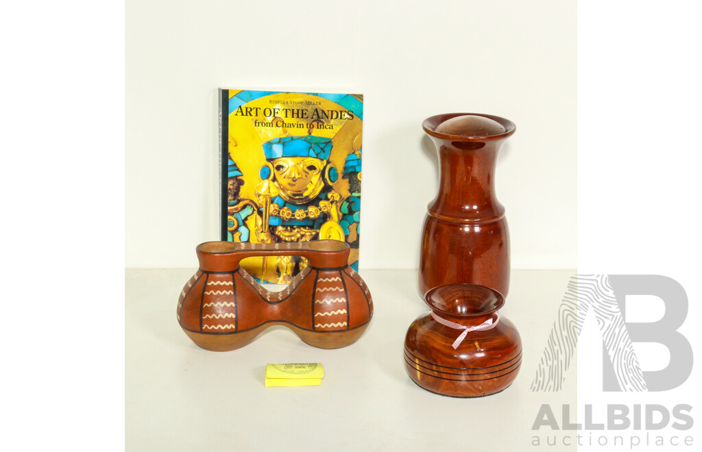 Collection Including Hand Crafted Wood Pieces, Arica Cultural Vase & Art of the Andes Book