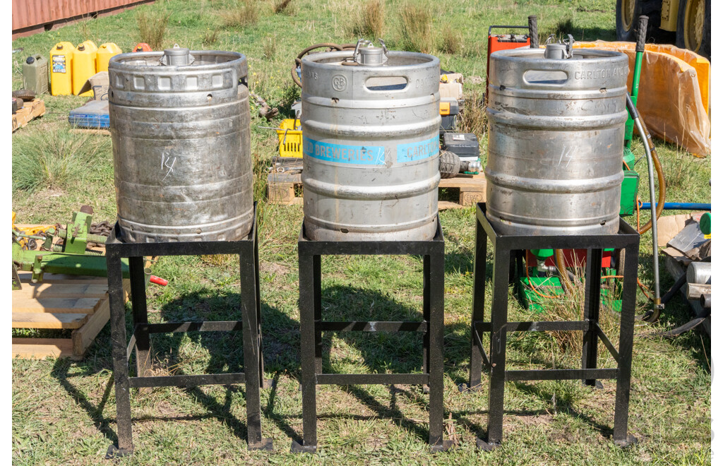 Quantity of 3 Empty 49.5L Beer Kegs & Stands