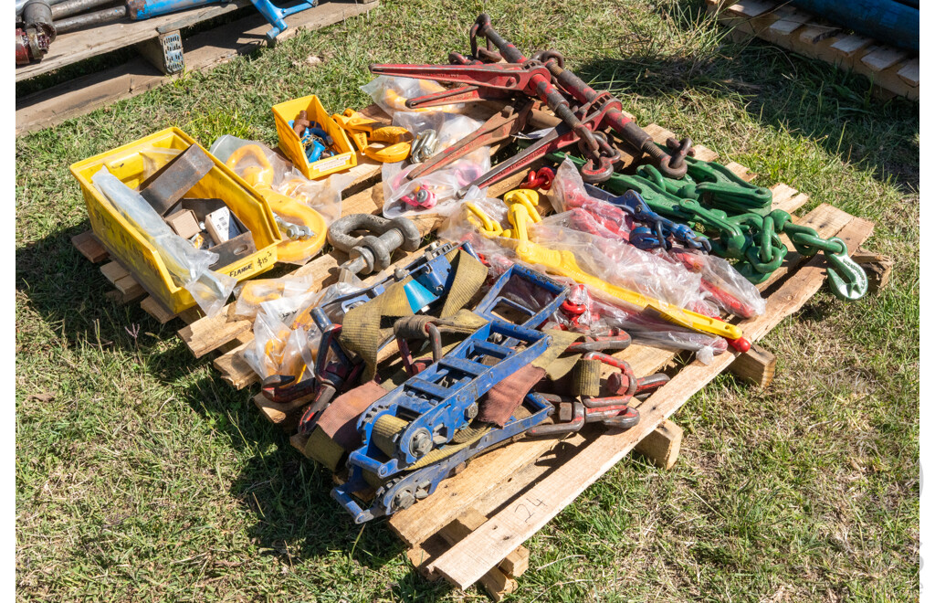 Pallet Containing Chain Dogs, Ratchet Tie Downs, Lifting Hooks & Shackles ETC