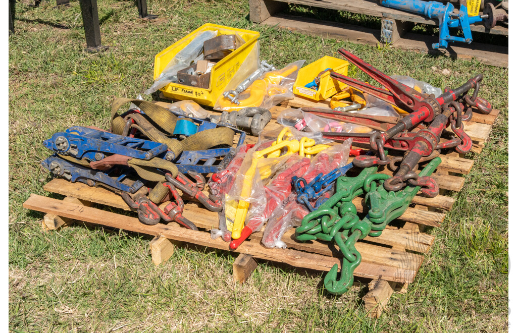 Pallet Containing Chain Dogs, Ratchet Tie Downs, Lifting Hooks & Shackles ETC