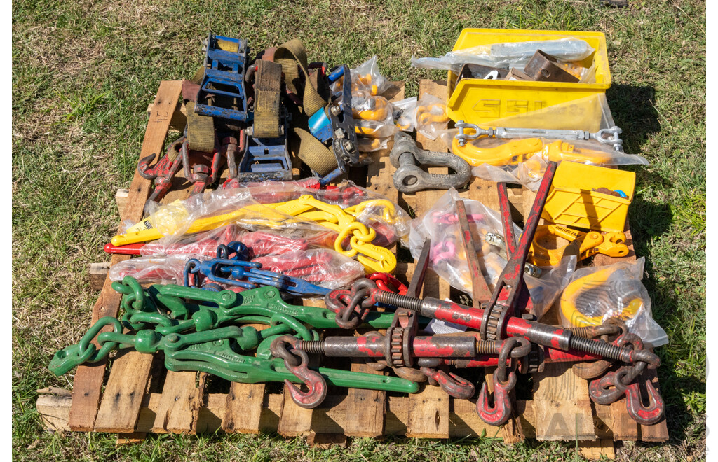 Pallet Containing Chain Dogs, Ratchet Tie Downs, Lifting Hooks & Shackles ETC