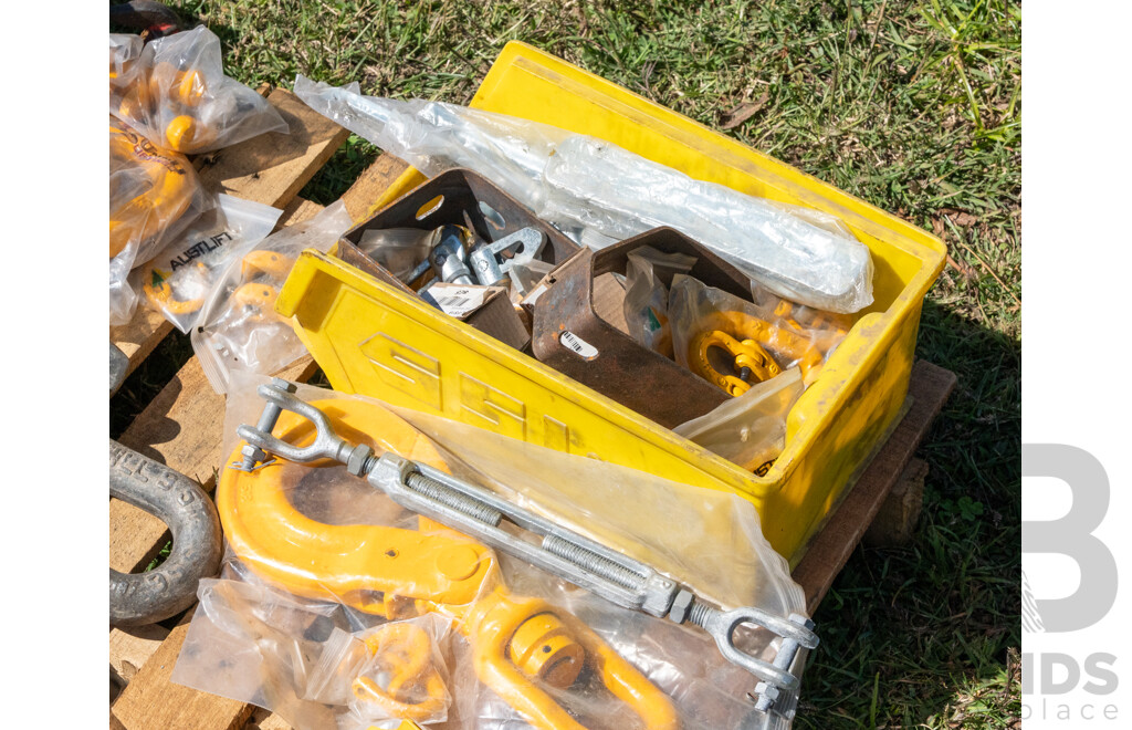 Pallet Containing Chain Dogs, Ratchet Tie Downs, Lifting Hooks & Shackles ETC
