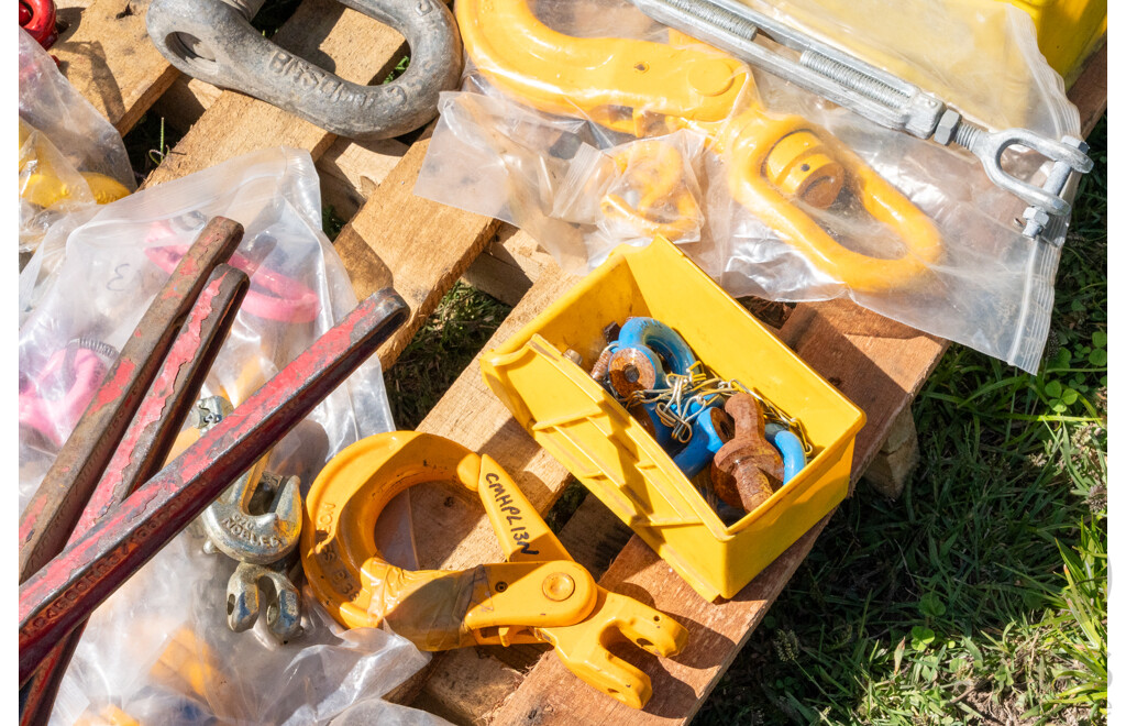 Pallet Containing Chain Dogs, Ratchet Tie Downs, Lifting Hooks & Shackles ETC