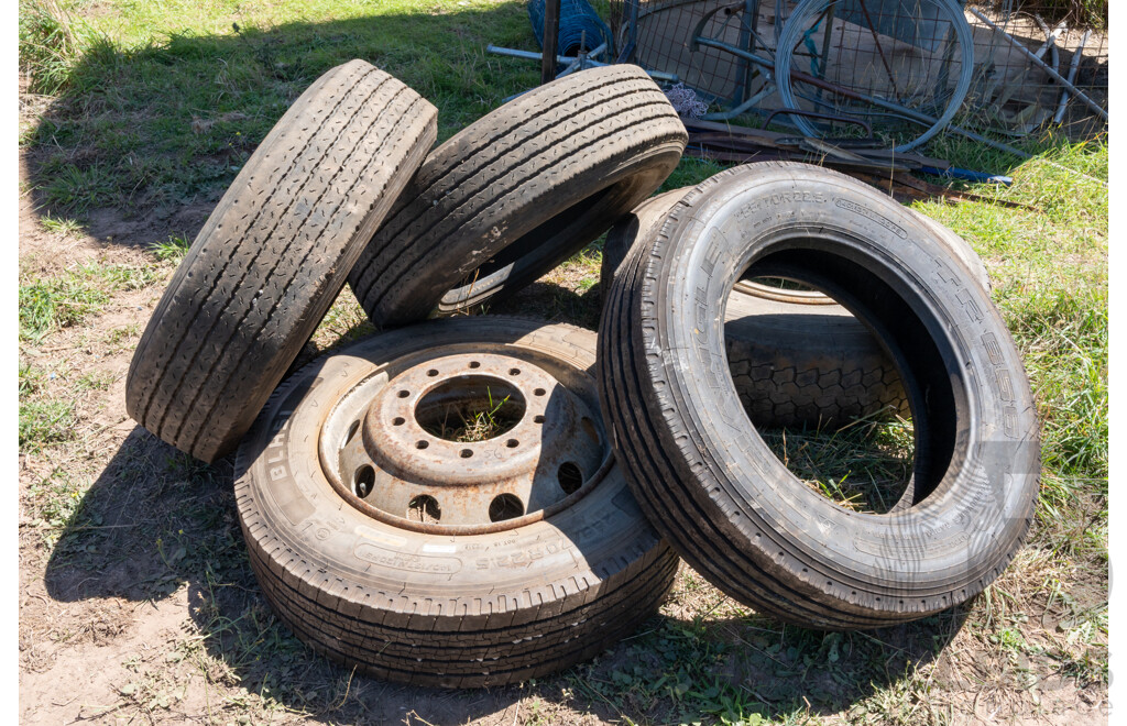 Job Lot Quantity of 5 Truck Tyres (2 with Rims)