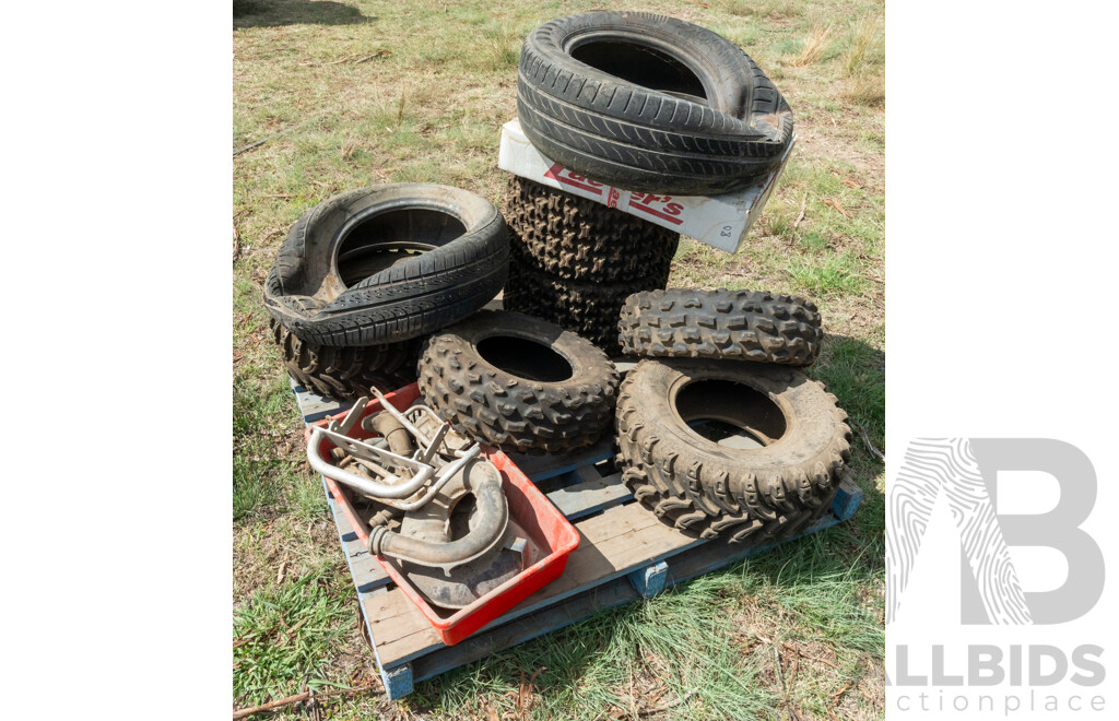 Pallet Containing Various Size Tyre's & Exhaust Fittings ETC
