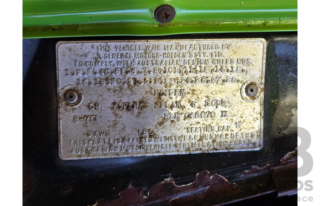 8/1975 Holden LH Torana S L32 Option 4d Sedan Jamaican Lime V8 4.2L