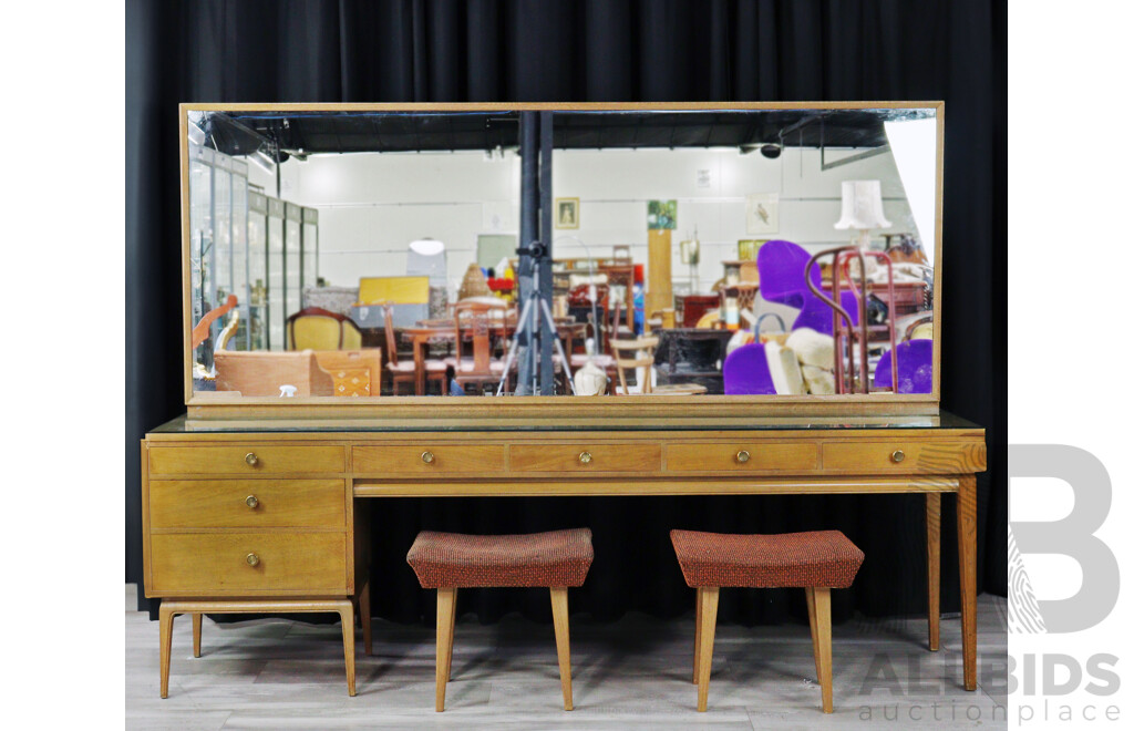 Silky Oak Seven Drawer Mirrored Back Dresser with Two Stools by Edward Hill