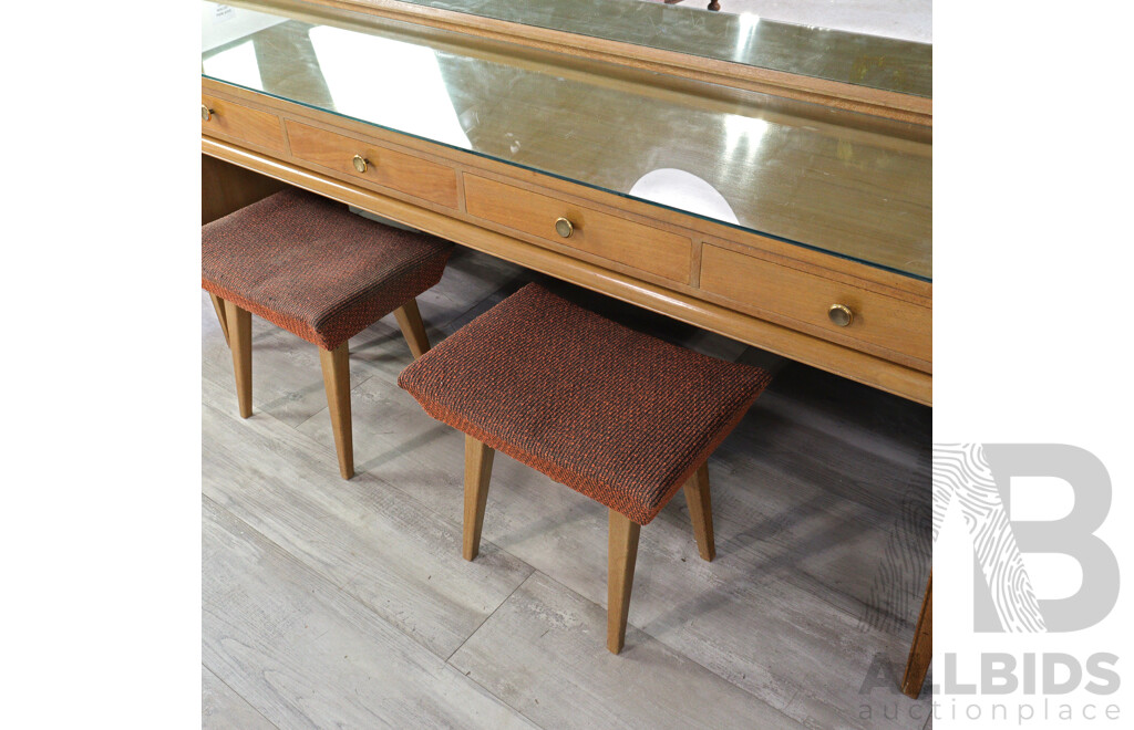 Silky Oak Seven Drawer Mirrored Back Dresser with Two Stools by Edward Hill