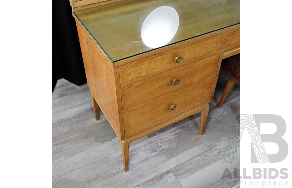 Silky Oak Seven Drawer Mirrored Back Dresser with Two Stools by Edward Hill